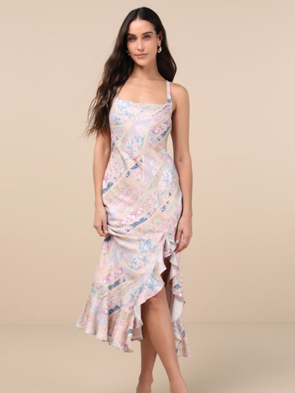 Lulus Hitomi Light Pink Multi Scarf Print Lace-up Ruffled Midi Dress - Size S